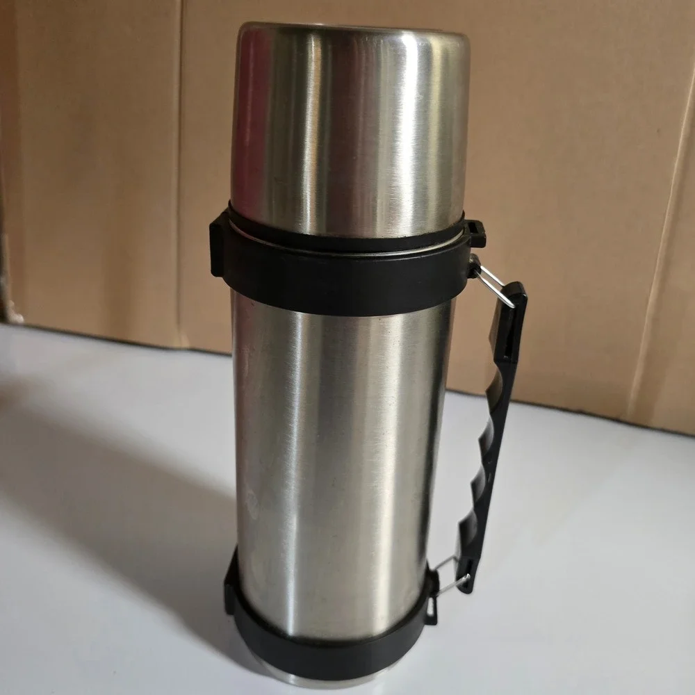 Vintage Stainless Steel Vacuum Bottle‎ Thermos w Cup Lid Stopper & Handle